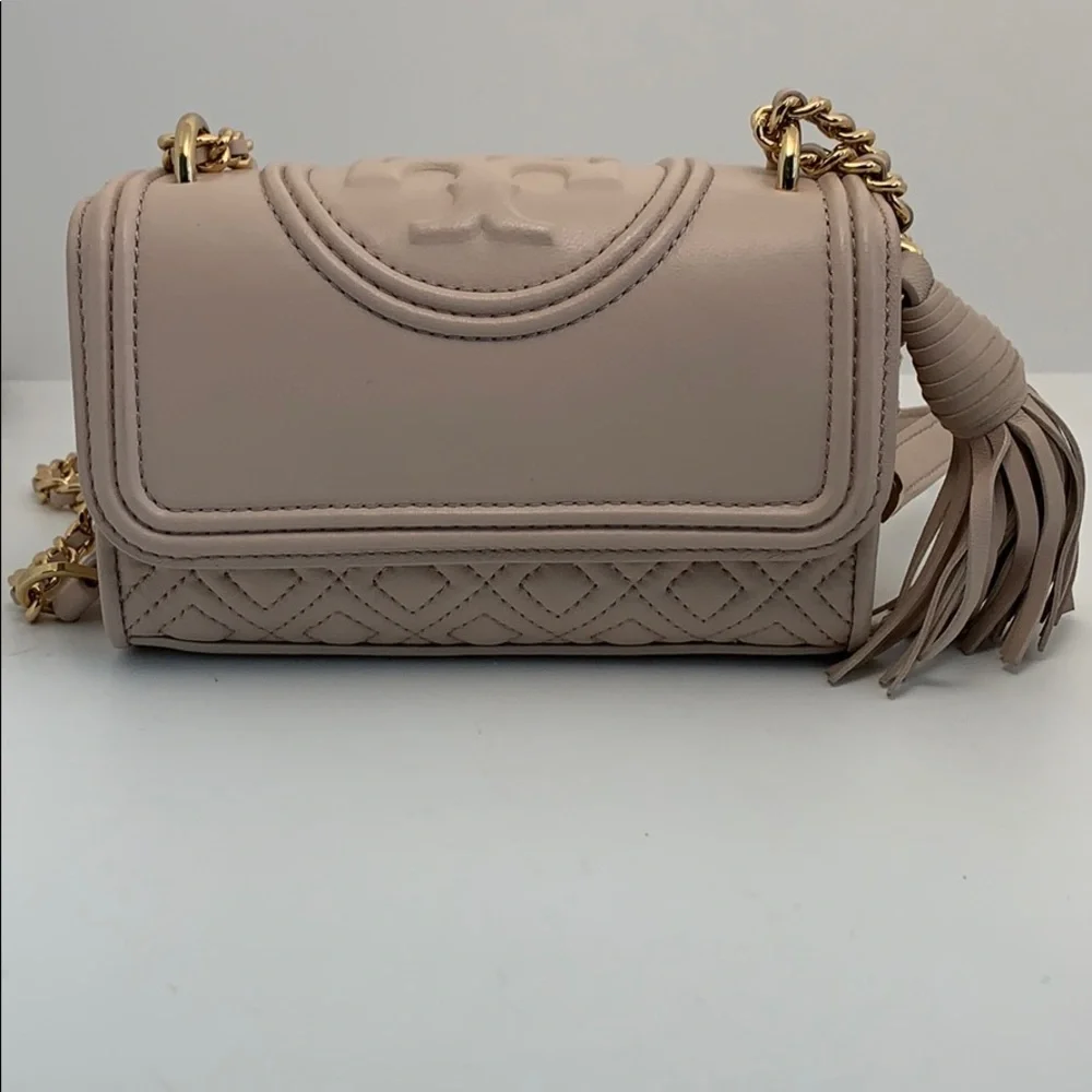 Tory Burch Leather Quilted Flap Micro Crossbody with Gold Chain and Tassel